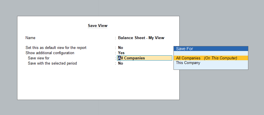 Intermediate report that opens while saving view to input details of the view.